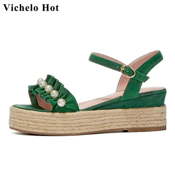 

sandals vichelo princess style sweet girls summer shoes cow suede peep toe high heels straw wedges pearl dating women l11, Black