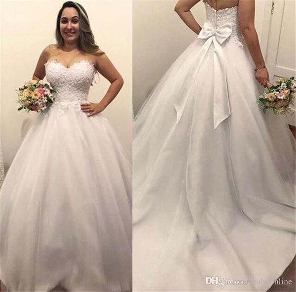 

simple plus size a line wedding dresses 2019 sweetheart appliques zipper back with big bow sash long bridal gowns vestidos de novia, White