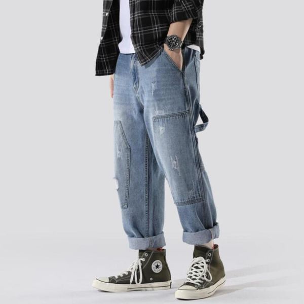 

2020 new mens street style cargo jeans men japan casual straight denim pants hip hop pantalon homme jean trousers w918, Blue