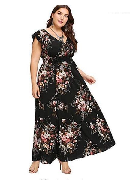 

print v-neck casual dress summer women designer short sleeve high waist maxi dresses plus size floral, Black;gray