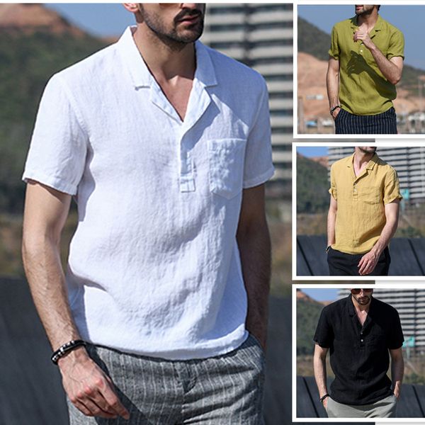 

men's casual shirts 2021 mens spring summer shirt short sleeve cotton linen men loose collar button silk chemise homme, White;black