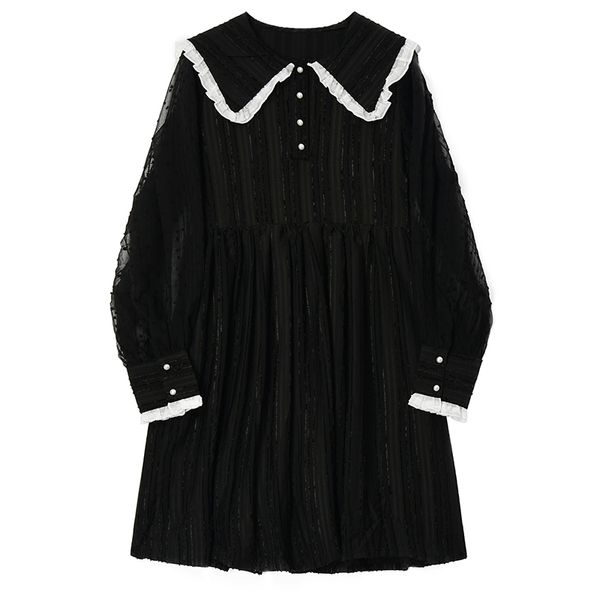 

women black pleated lace split joint temperament dress new long sleeve loose fit fashion tide spring autumn 2020 v825, Black;gray