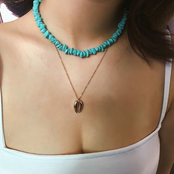

шикарные зеленые бусы колье колье seashell подвеска boho двухслойная мода ожерелье веревка цепи короткие ошейники воротник, Silver