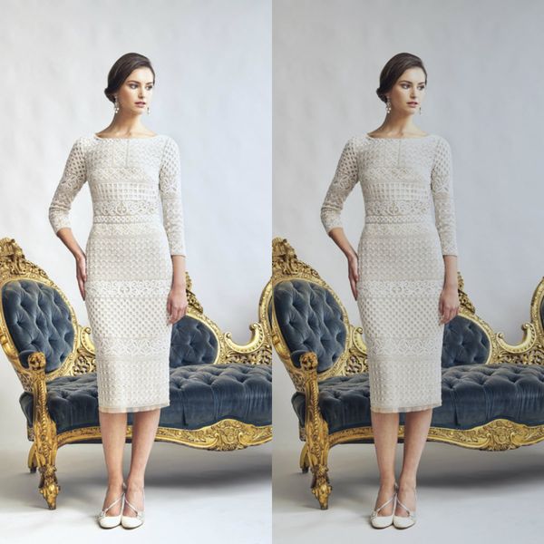 

white jillharvey sheath mother of the bride dresses jewel neck wedding guest dress 3/4 long sleeve applique knee length evening gowns, Black;red