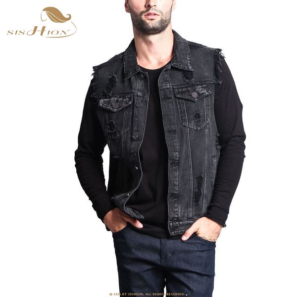 

sishion 2019 autumn fashion men denim vest coat worn hole man's denim cotton vest male sp0749, Black;white