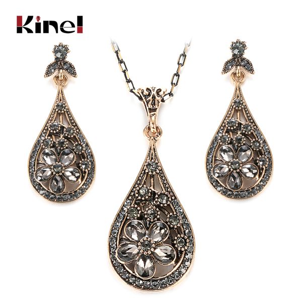 

kinel luxury gray crystal flower women earring necklace vintage jewelry sets antique gold color turkish ethnic wedding jewelry, Silver