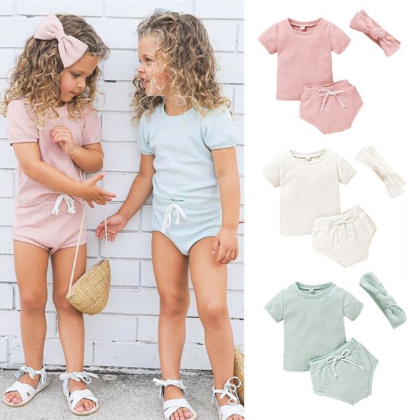 

0-3 years baby clothing 3pcs newborn toddler baby girl clothes t-shirt pants shorts headband ribbed solid boys outfit, White