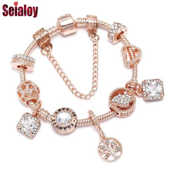 

seialoy rose gold tree of life pendant charm bracelets for women original shiny crystal beaded bracelet bangle girl jewelry gift, Black