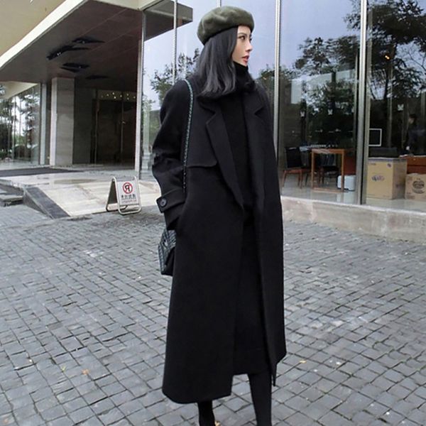 

female long sleeve lapel coats winter women lace up long thick coat new*, Black