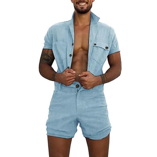 

men sets home pocket new trend creativity fashion pure-colour large size clothes button jumpsuit unique suit comfortable leisure, Gray