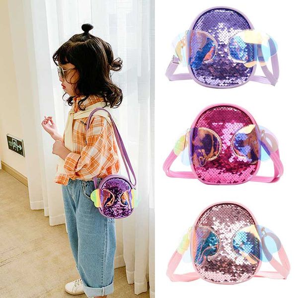 

children' mini bag 2020 sequins small coin wallet pouch box kawaii kids girl laser crossbody bags baby money change purses, White