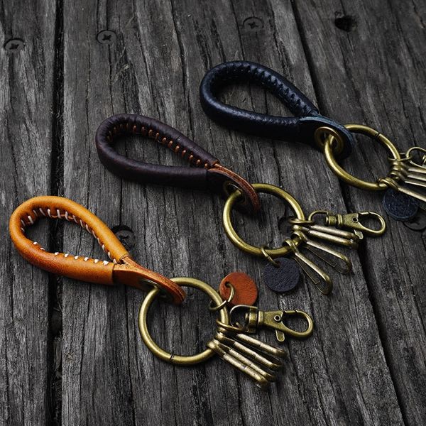 

handmade mens brown cowhide leather keychain waist hanging keyfob keyring key holder car pendant key chains gift porte clef, Silver