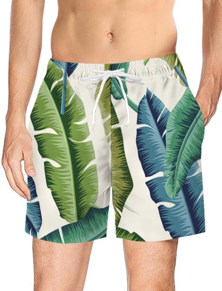 

green tropical plant palm leaves summer men's sports casual shorts quick-dry swimming shorts trunks, White;black