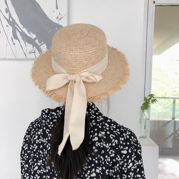 

elegant bowknot flat lafite female holiday straw butterfly straw hat beach brim sun hat, Blue;gray