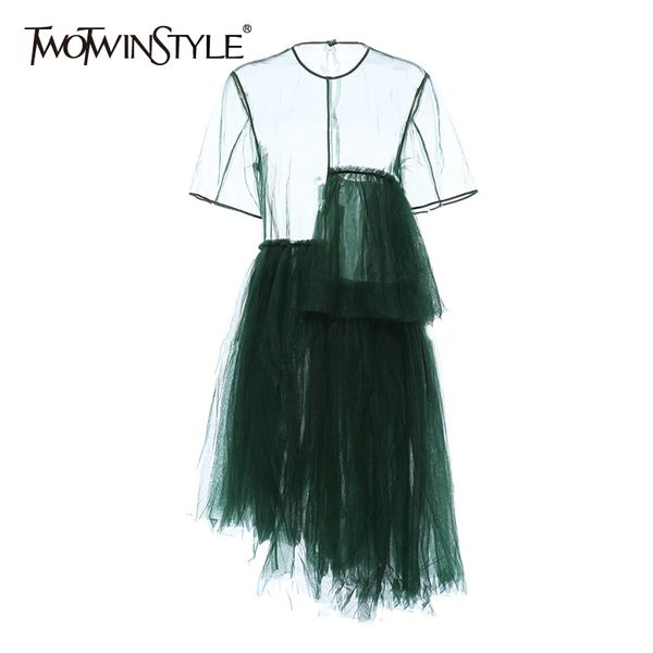 

twotwinstyle vintage asymmetrical women dress o neck short sleeve high waist irregular hem dresses for female fashion clothing, Black;gray