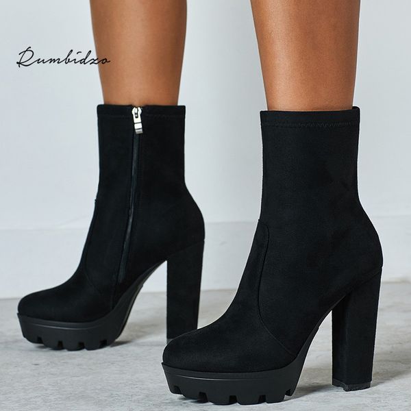 

women boots pumps platform chunky heels round toe ankle boots mujer ladies zip increase high heeled women size 35-42, Black