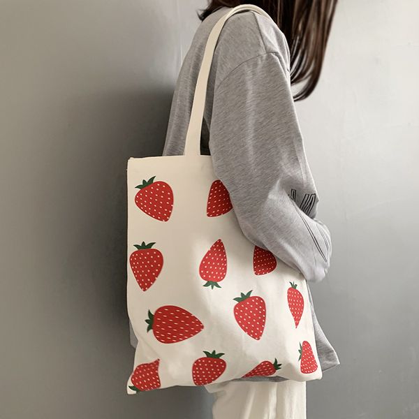 

strawberry printed shoulder bags environmental shopping bag canvas tote package crossbody bags purses casual handbag for wom