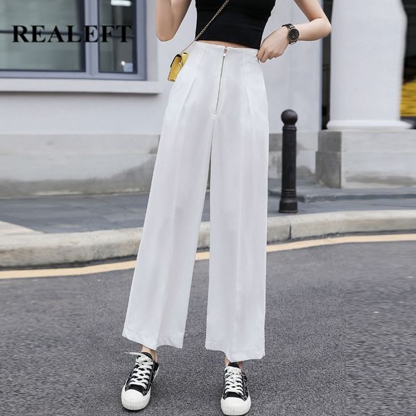 

realeft 2020 new spring white women's pants zipper wide leg pants high waist elegant work trousers female loose pantalon femme, Black;white