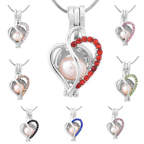 

wholesale fashion jewelry silver plated pearl cage love heart with zircon 8 colors locket pendant findings cage essential oil diffuser