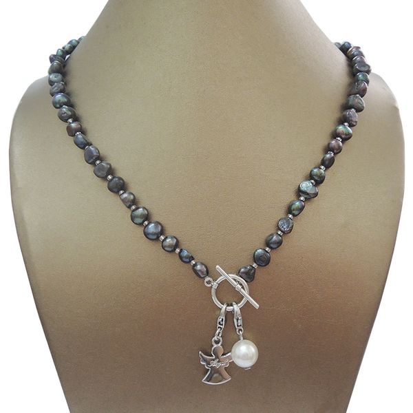

100% nature freshwater pearl necklace ,half round baroque pearl 7-8mm,with nice angel pendant,owl,sea-star,love pendant, Golden;silver
