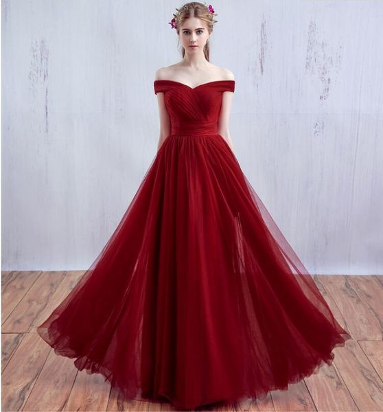 

off shoulder red tulle a-line evening dresses party gowns sweep train pleated plus size corset formal prom dresses dh135, Black;red