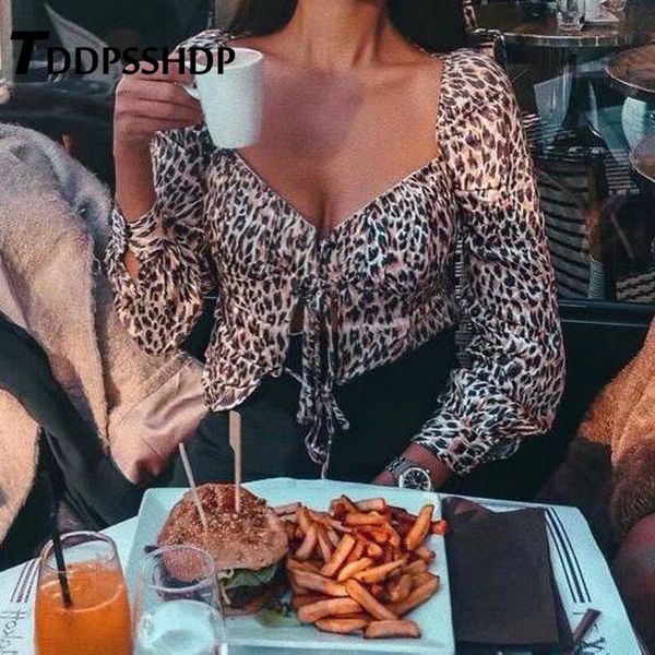 

ins popular leopard printing strap women blouse low cut spring long sleeve 2019 fashion female blouses, White
