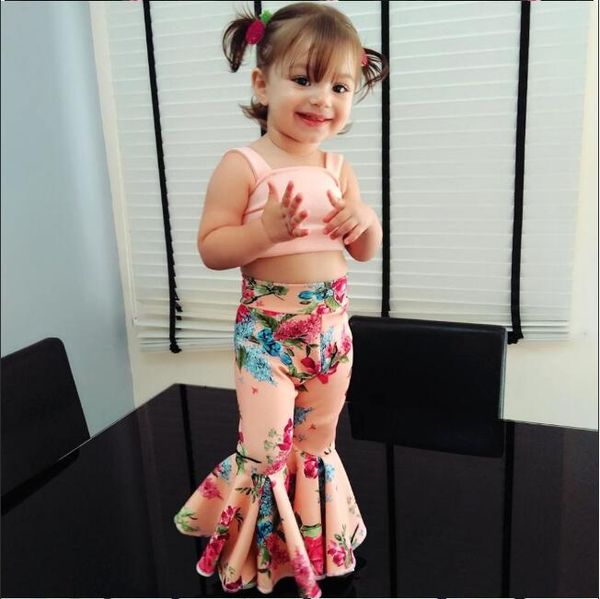 

kids baby girls clothes off shoulder strap solid sleeveless flower print pants 2pc cotton casual toddler newborn outfits, White