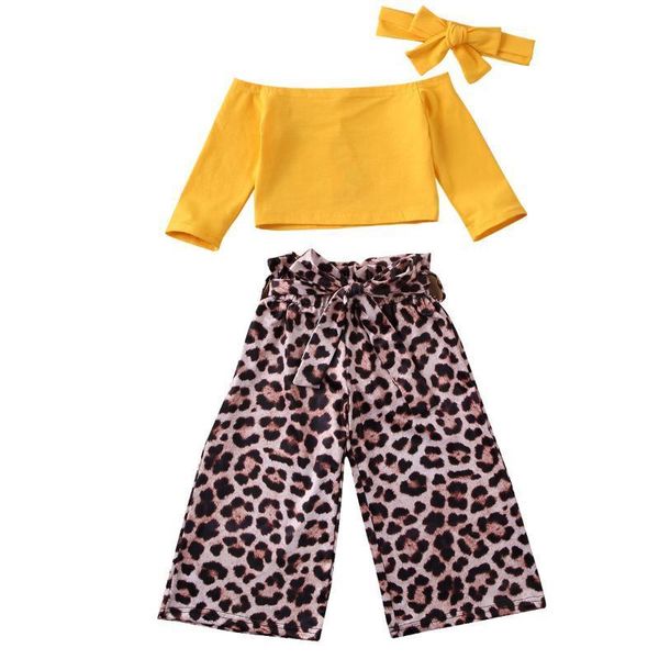 

new kids baby girls leopard clothes off shoulder + pants + headband outfits, White