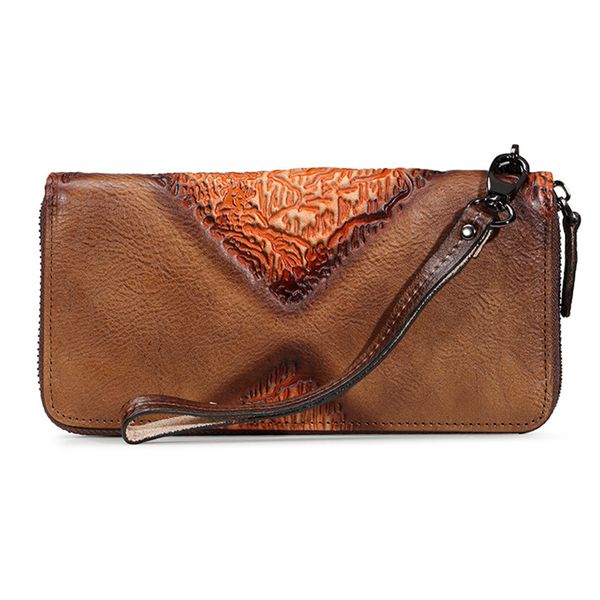 

vintage genuine leather women long purse id/ handy zipper bag embossed oracle pattern wallet female wrist clutch bags, Red;black