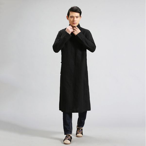 

casual mens chinese style robe solid color cotton linen long jacket manual design loose coat male shoulder button jacket top, Black;brown