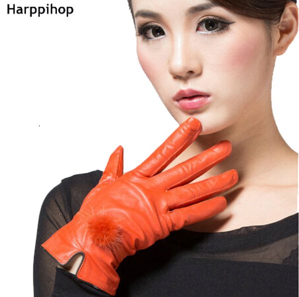 

real leather women' glove colorful genuine leather gloves female sheepskin gloves women' thin thermal mink hair ball 2017 new y1, Blue;gray
