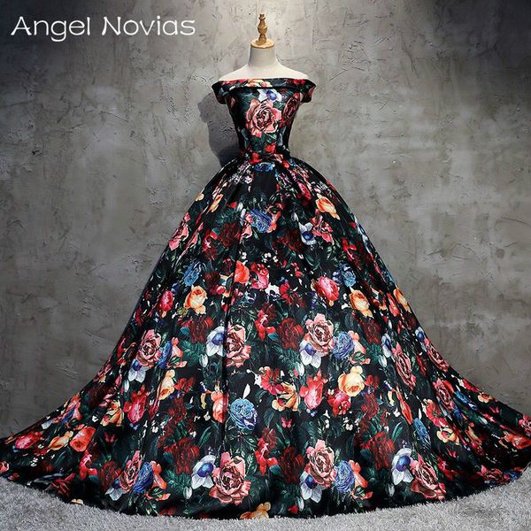 

long floral print ball gown evening dresses 2018 arabic kaftan custom made lace up vestidos de novia dubai formal party gowns, White;black