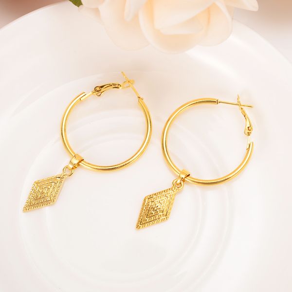 Big Hoops THAI EARRINGS RHOMBUS 18 K BAHT Pure SOLID YELLOW FINE GOLD GF Abito tailandese