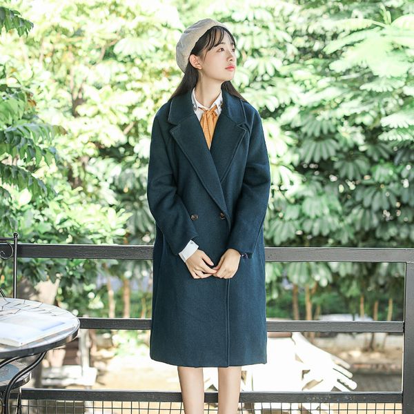 

sweet loose pockets long coat for women double breasted wool coat and jacket turn-down collar solid women clothes 2018, Black