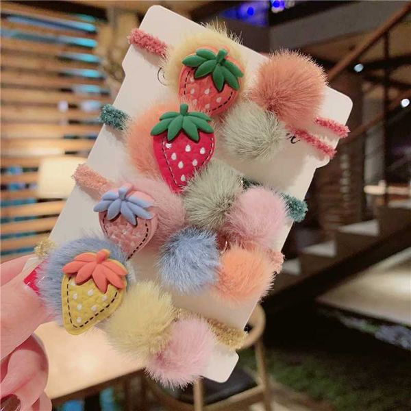 

cartoon strawberry fur ball elastic girl womens ponytail holders plush ball hair ring elastic hair rope tie accessories, Slivery;white