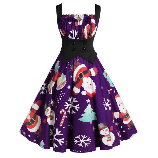 

women winter christmas dress vintage sleeveless christmas print housewife evening family party ladies dress vestidos de verano, Black;gray