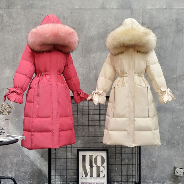 

large real raccoon fur collar 2020 winter warm hooded jacket long down parkas 90% white duck down coat female thick snow outwear, Black