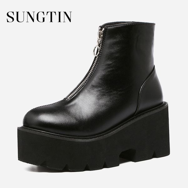 

sungtin autumn winter women platform boots 2018 fashion zipper black ankle boots female wedges high heel punk plus size