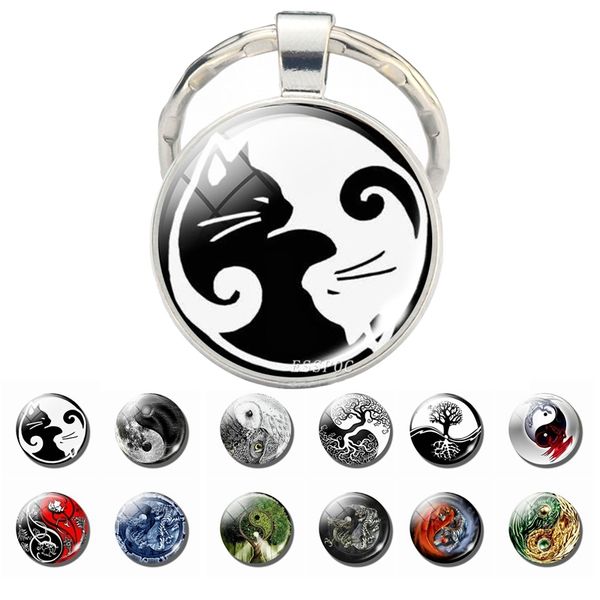 

yin yang cats key chain yin yang tree of life glass pendants tai chi jewelry fashion glass cabochon metal keychain for men women, Silver