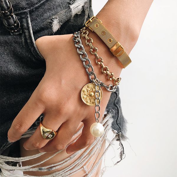 

punk trendy minimalist titanium steel bracelets hiphop chic strap gold sliver color metal bracelets adjustable jewelry, Black