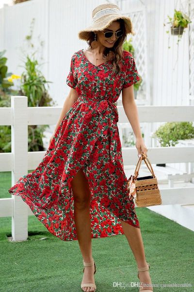 

ladies floral printed dresses v neck holiday womens asymmetrical dresses fashion pullover female casual dresses, Black;gray