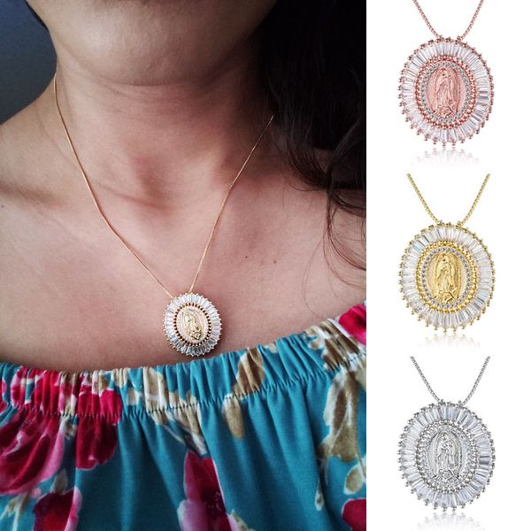 

for women virgin mary religious pendant zircon necklace charm statement chain link necklace christmas gift colar collier, Silver