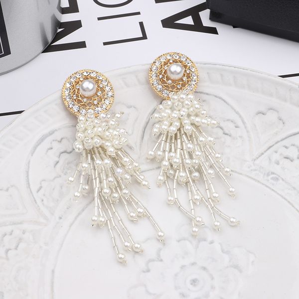 

mengjiqiao korean new vintage simulated pearl tassel drop earrings for women elegant shiny zircon round brincos party jewelry, Silver