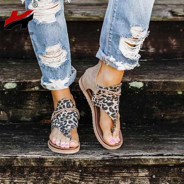 

nan jiu mountain 2020 flat sandals leopard print roman sandals summer casual women's shoes zipper flip-flop plus size, Black