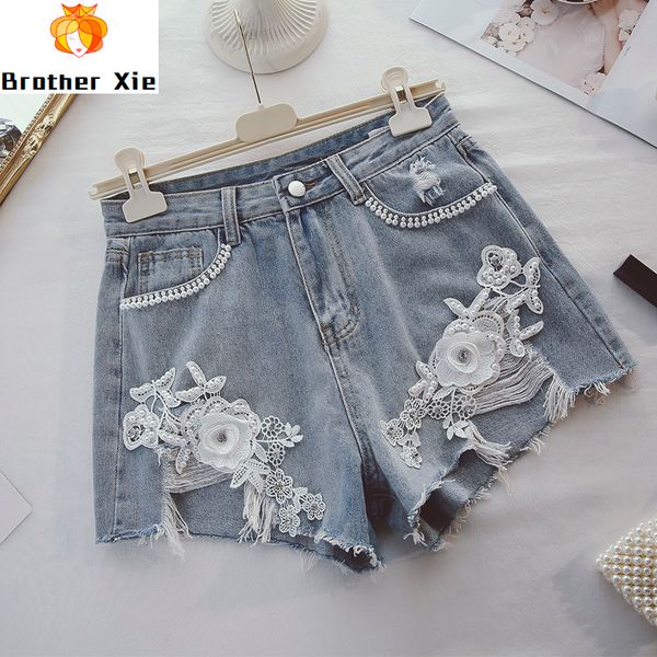 

blue denim shorts woman beads sweet stereo flower holes denim shorts women's spring summer loose pants students