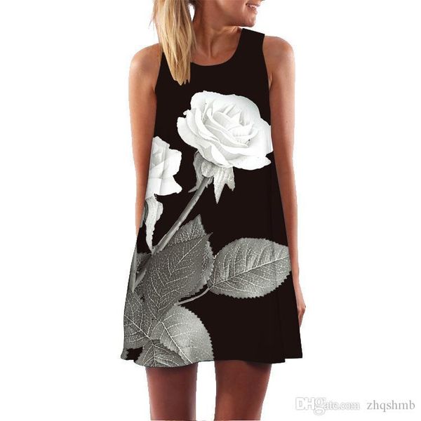 

women dress summer crew neck sling sleeveless hip wrap elegant lady white rose print skirt casual pencil dresses size s-xl, Black;gray