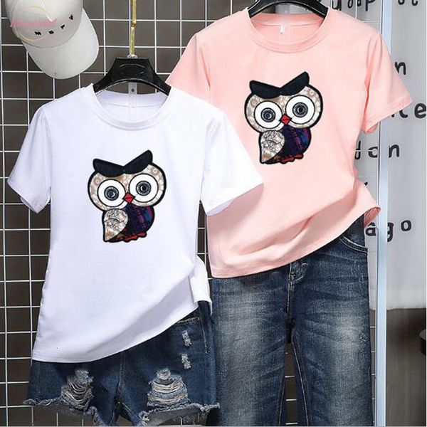 

lovely owl print woman t shirt spring summer spandex new style short sleeve o neck women casual slim tee shirt women, White