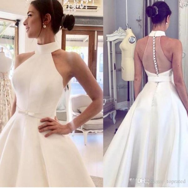 

new arrival satin a line wedding dresses halter neckline backless sleeveless covered button sweep train bridal gowns vestidos de noiva, White