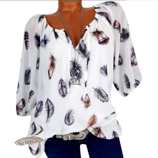 

4xl plus size women tunic shirt 2019 summer 3/4 sleeve floral print v-neck blouses and with button big size women clothing, White
