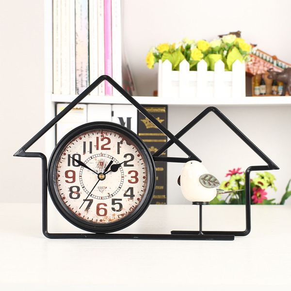 

6 inch american country house retro wrought iron mute clock antique home decoration bedroom bedside ceramic bird alarm clock